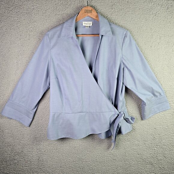 Coldwater Creek Womens Blouse PL Light Blue Wrap Tie Flipped Cuffs Popped Collar - Picture 1 of 14